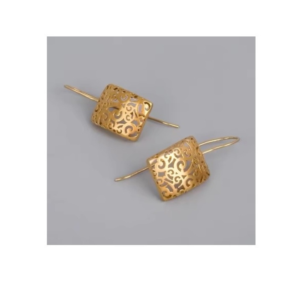 14k Gold Plated Celtic Filigree Rectangle Drop Earrings - Picture 7 of 12
